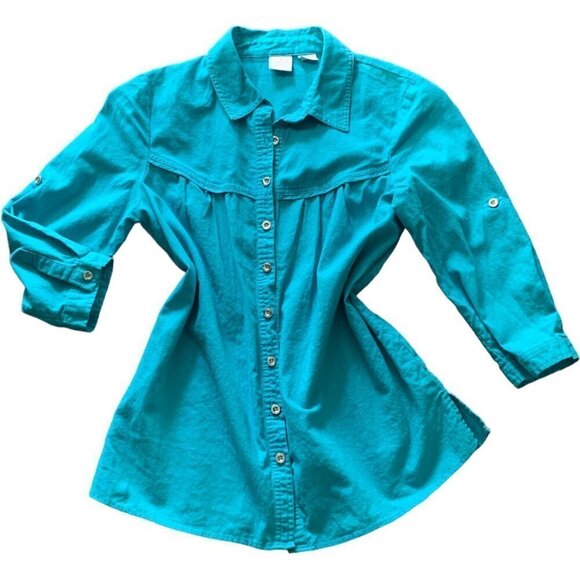 Emma James Linen-Cotton Blend Button Front Roll Tab Shirt M Turquoise 128E - Picture 5 of 9